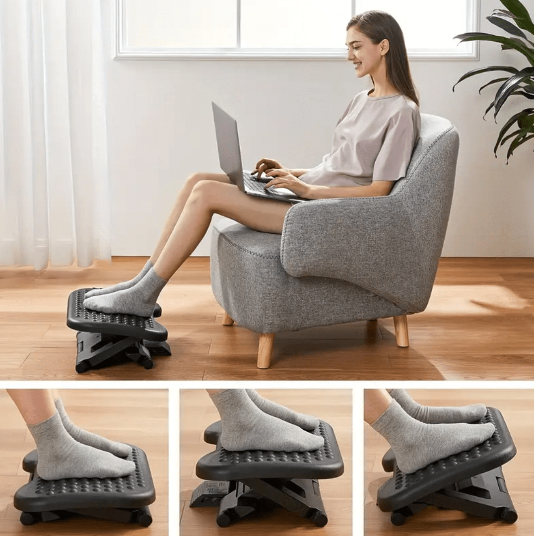 Fotstöd används i hemmakontor med laptop och stol