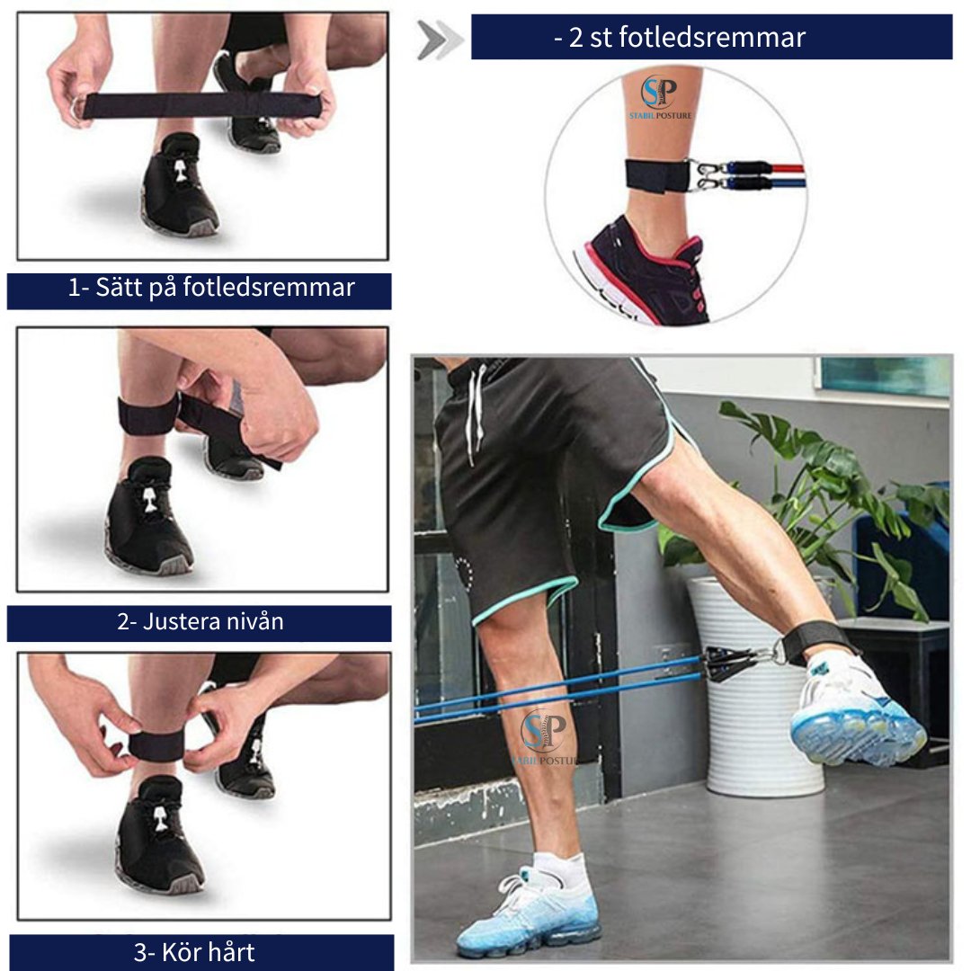 Instruktionsbilder som visar träning av axlar, bröst och ben - Stabil Posture