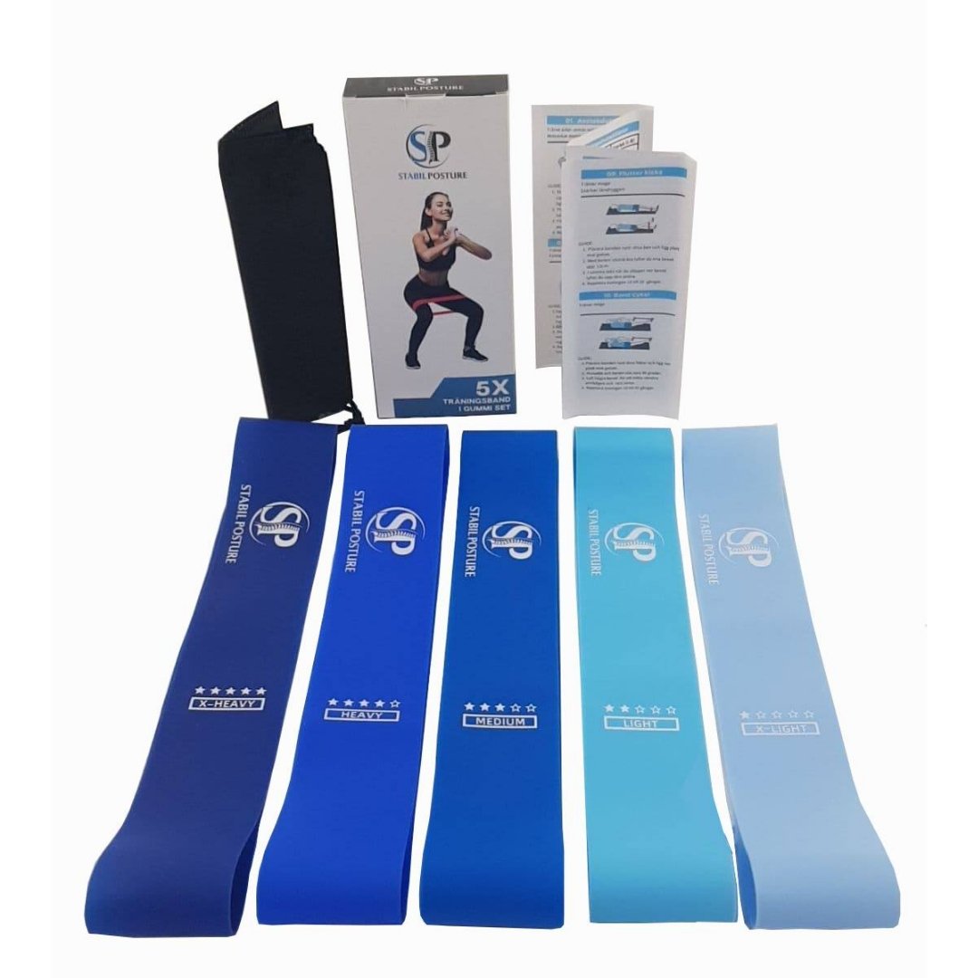 Fem blå träningsband i varierande styrka, med instruktionshäfte och förvaringspåse - Stabil Posture