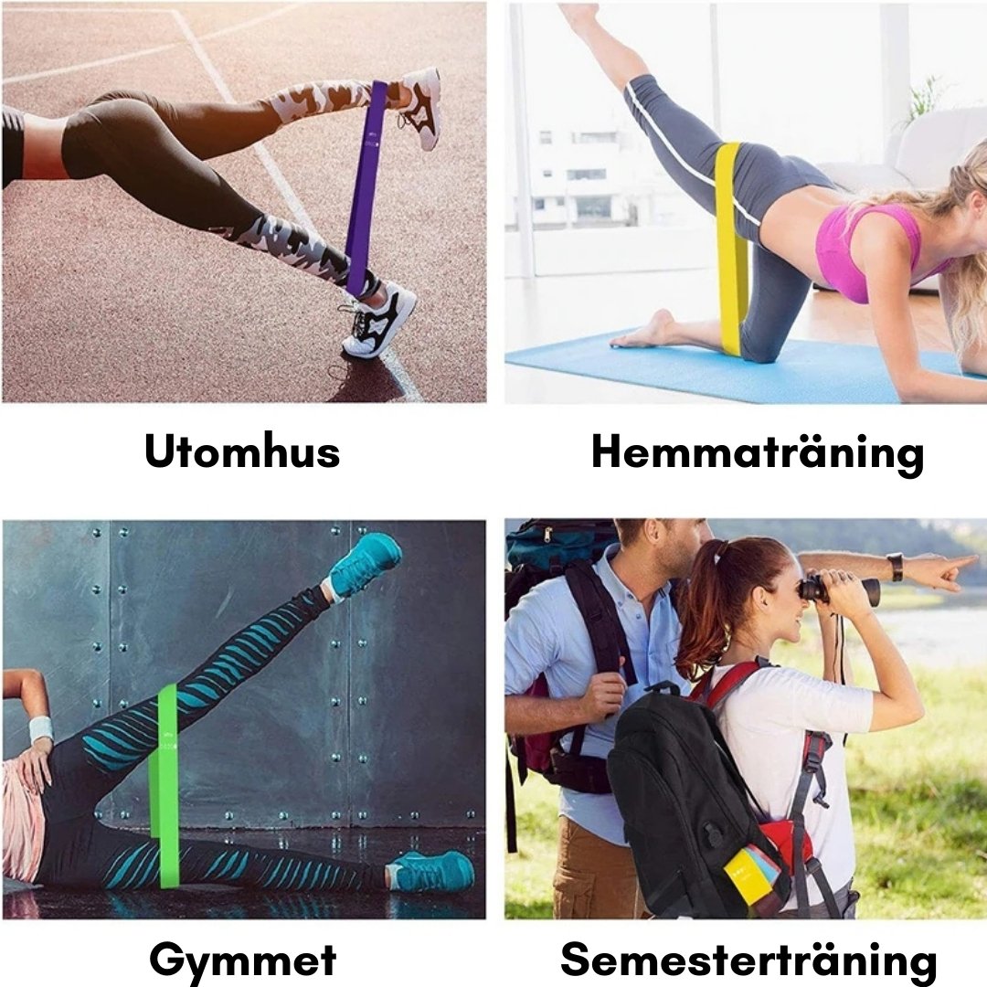 Montage med kvinnor som använder gummiband vid träning: utfall, höftlyft, sidosteg, squats - Stabil Posture