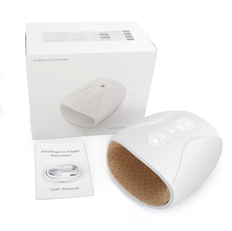 Vit handmassager med kontrollpanel och förpackning – laddbar massageapparat för händer