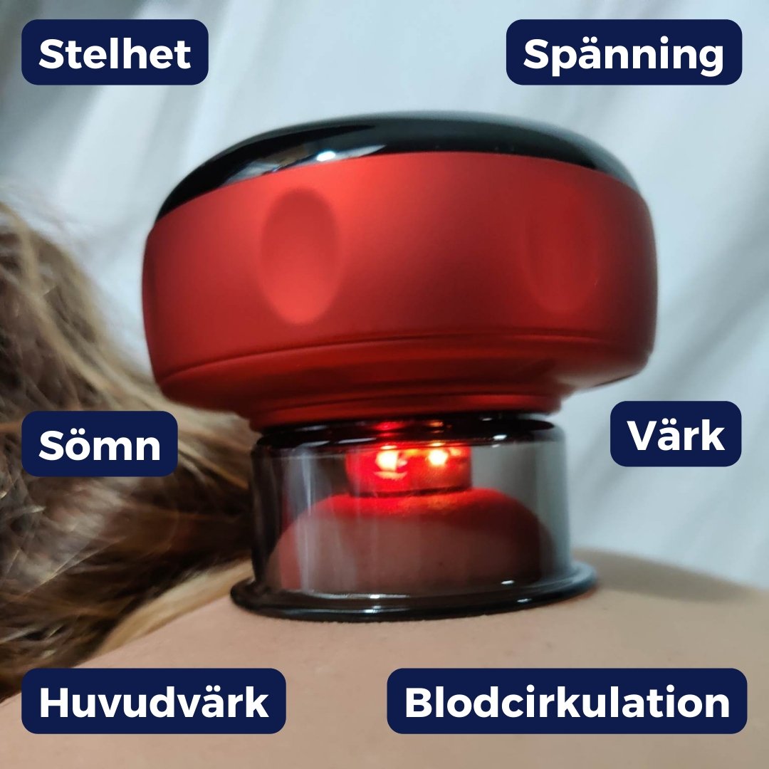 Närbild på massagehuvudet med rödljus och etiketter: stelhet, spänning, värk, huvudvärk, cirkulation
