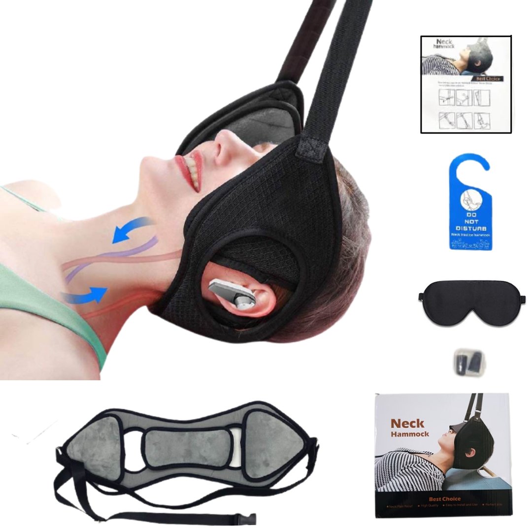 Förpackningsinnehåll för neck hammock med band, ögonmask, krok och instruktionsmanual - Stabil Posture