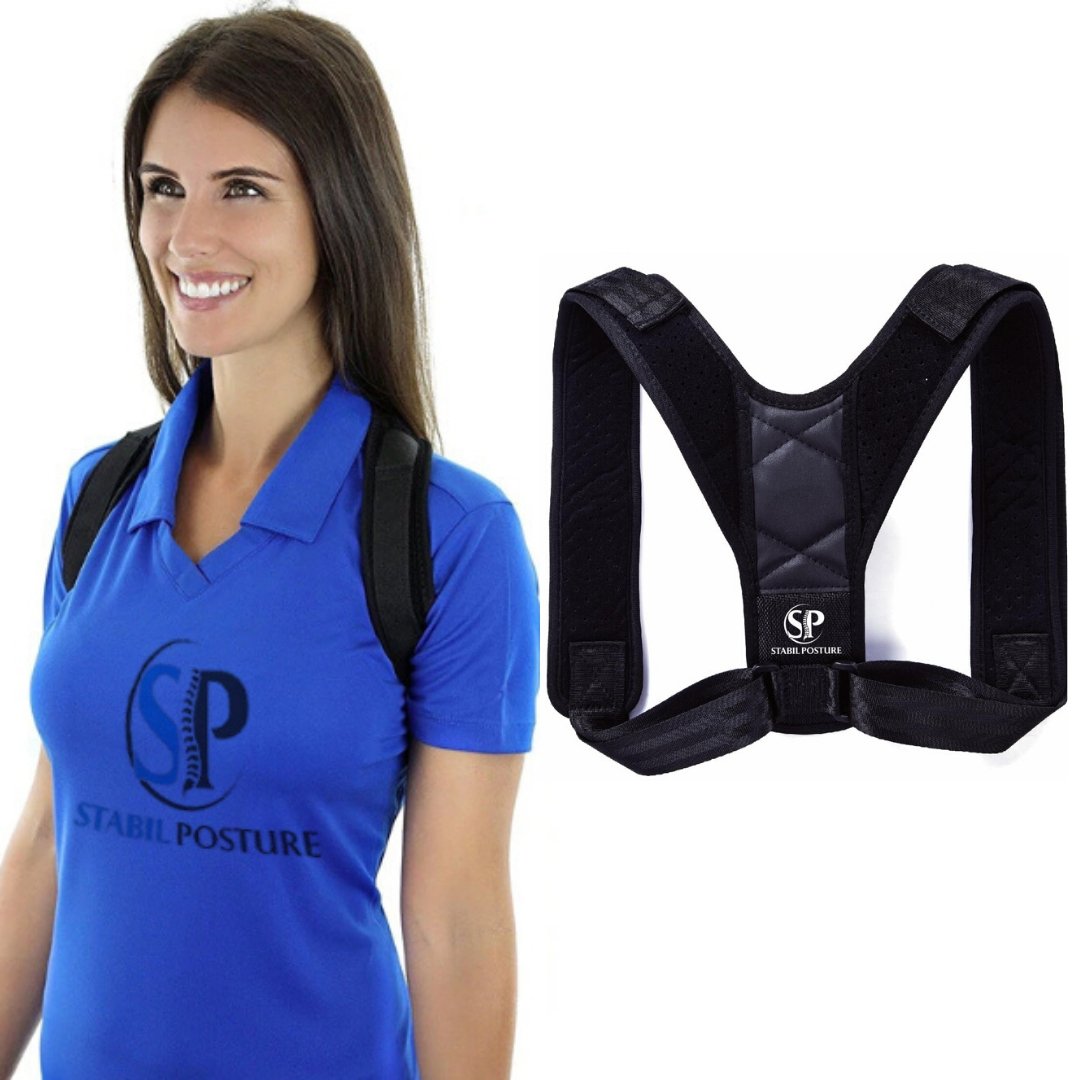 Hållningsstöd på modell – visar hur det bärs över axlarna för korrekt hållning - Stabil Posture