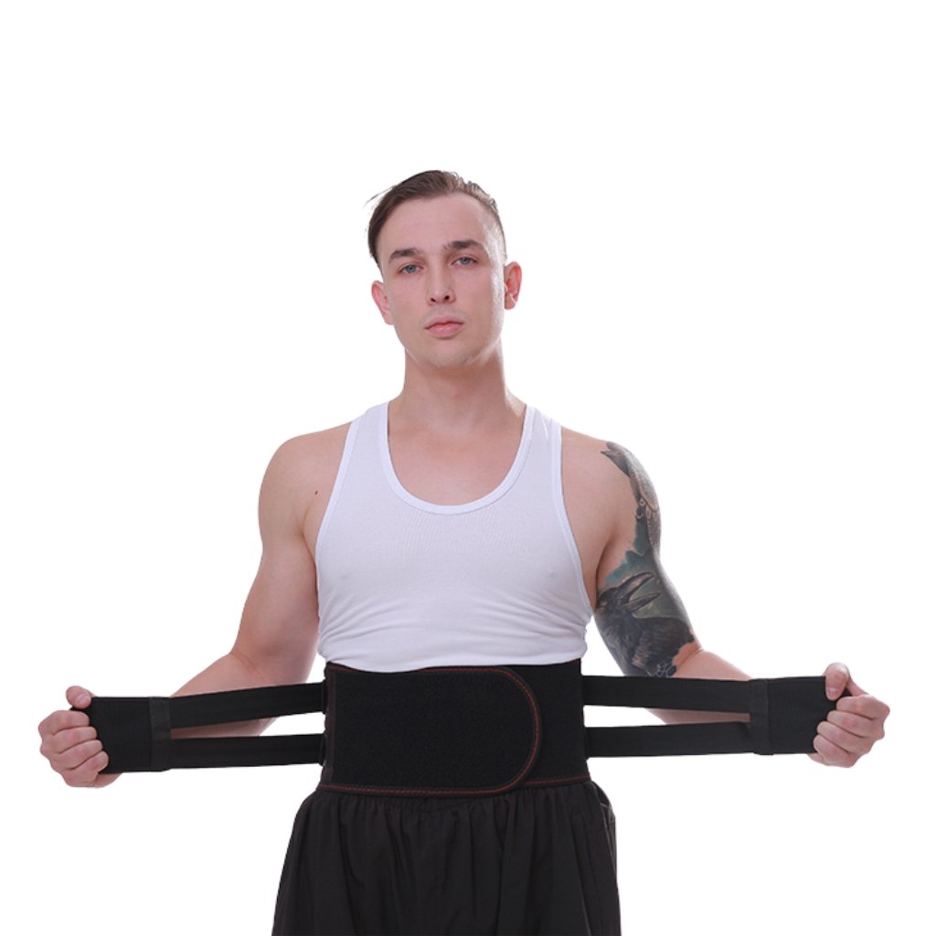 Man visar justering av dubbla kompressionsband runt bålen