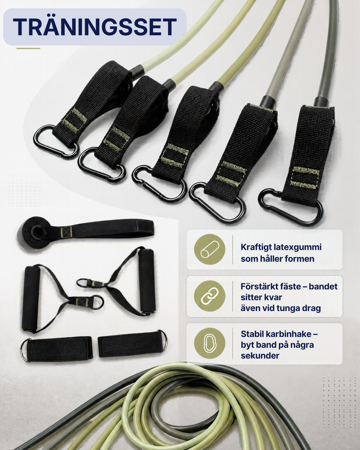Träningsbandset Hemmagym med detaljer på band, fäste och karbinhake - Stabil Posture