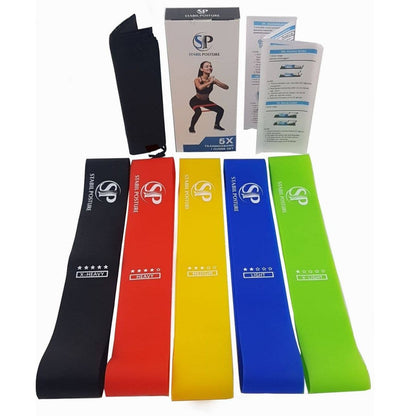 Fem träningsband i olika färger (svart, röd, gul, blå, grön) med förpackning och träningsguide - Stabil Posture