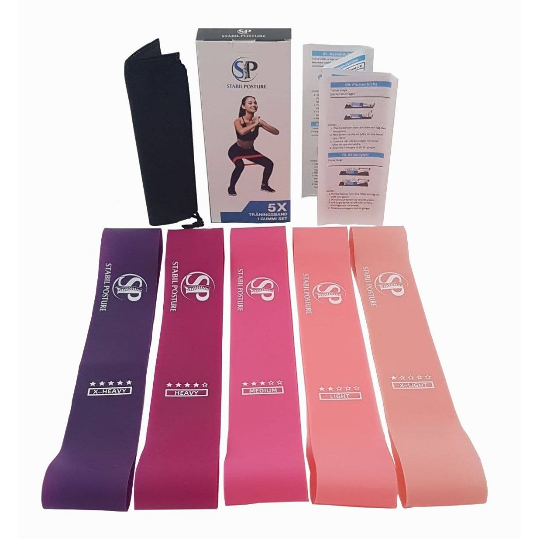 Fem rosa träningsband i olika motståndsnivåer med tillhörande guide och påse - Stabil Posture