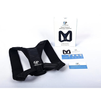 Produktbild liggande – hållningsstöd svart, neoprenmaterial med instruktionsguide och paktering- Stabil Posture